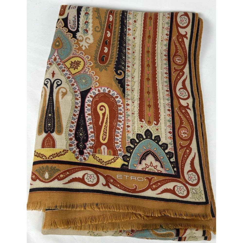 Etro Wool Paisley Luxury Scarf Shawl Fringe Floral Brown Black Classic Elegant